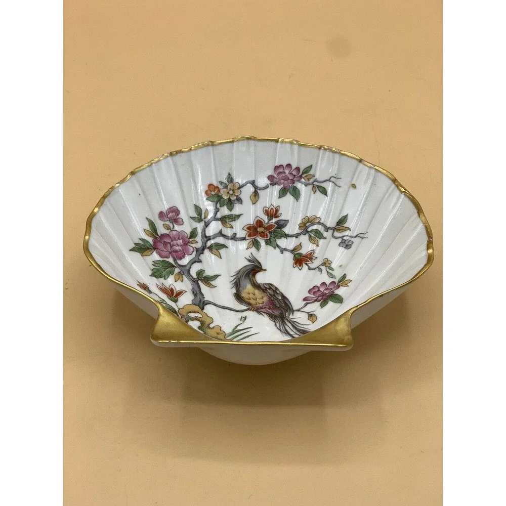 Vintage Limoges France Clam Shell-Shaped Dish with Birds and Flowers Gold Trim